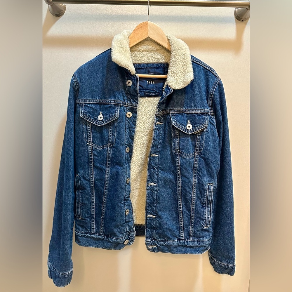 Zara Men's Blue Denim Sherpa-Lined Trucker Jacket Size M